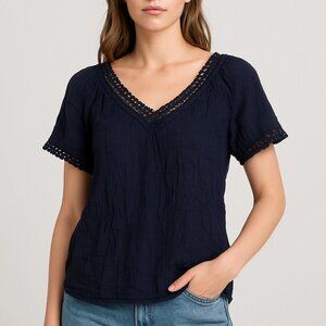 Established 1962 Navy‎ Crochet Trim V-Neck Blouse